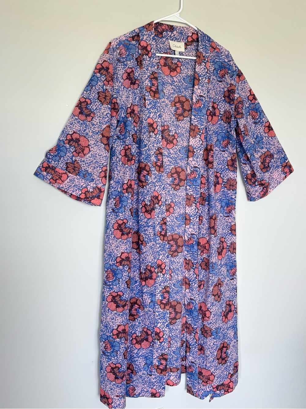 Cleobella Floral Block Print Duster Kimono Jacket XS/S Pink Blue Long Robe Boho